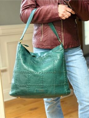 American Leather Co Boho Hunter Green Patchwork Leather Satchel/Crossbody (EUC)